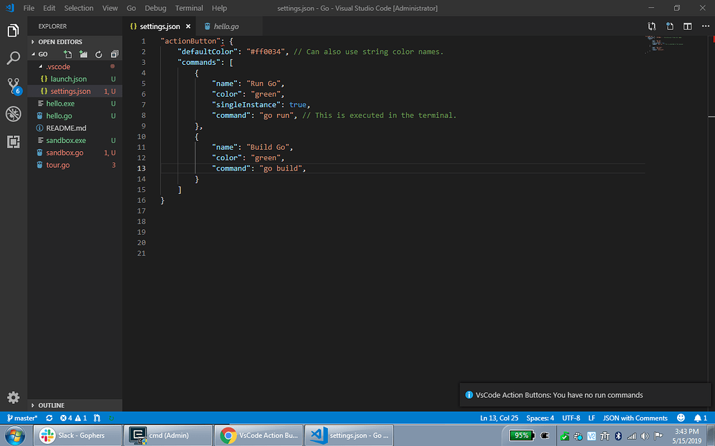 Trying to add action buttons in VSC to run .go source files - Getting ...